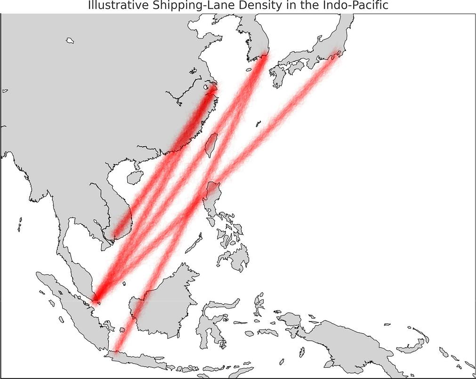 Figure 4. A stylised heat-density representation of major shipping lanes radiating north-east from the Strait of Malacca. The faded red filaments thicken where hundreds of container vessels converge daily, forming what strategic planners refer to as ‘sea-lane chokepoints’. Any disruption here would reverberate from factory floors in Guangdong to car dealerships in Berlin.