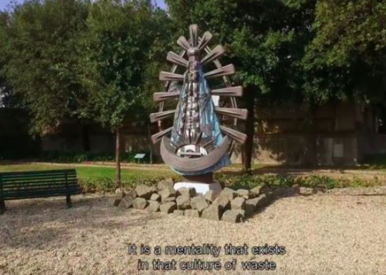 “The Virgin of Lujan,” a work in the Vatican Gardens realized by Alejandro Marmo with waste materials. From the documentary inspired by Francis’ book “My Idea of Art.”