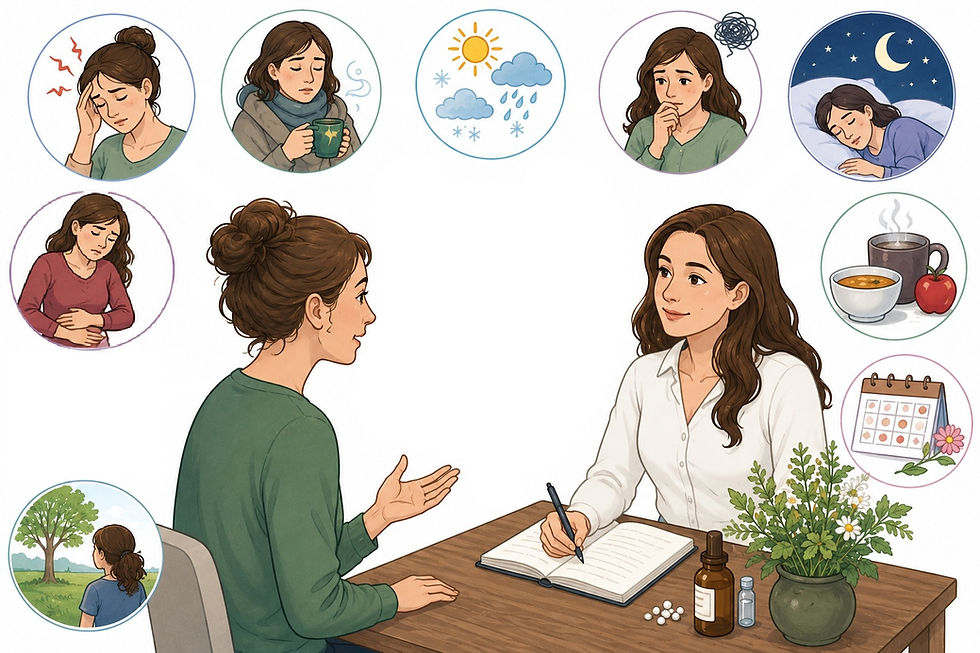 drawing of a homeopath with clipboard listening to client with bubbles around them depicting different elements of a symptom picture