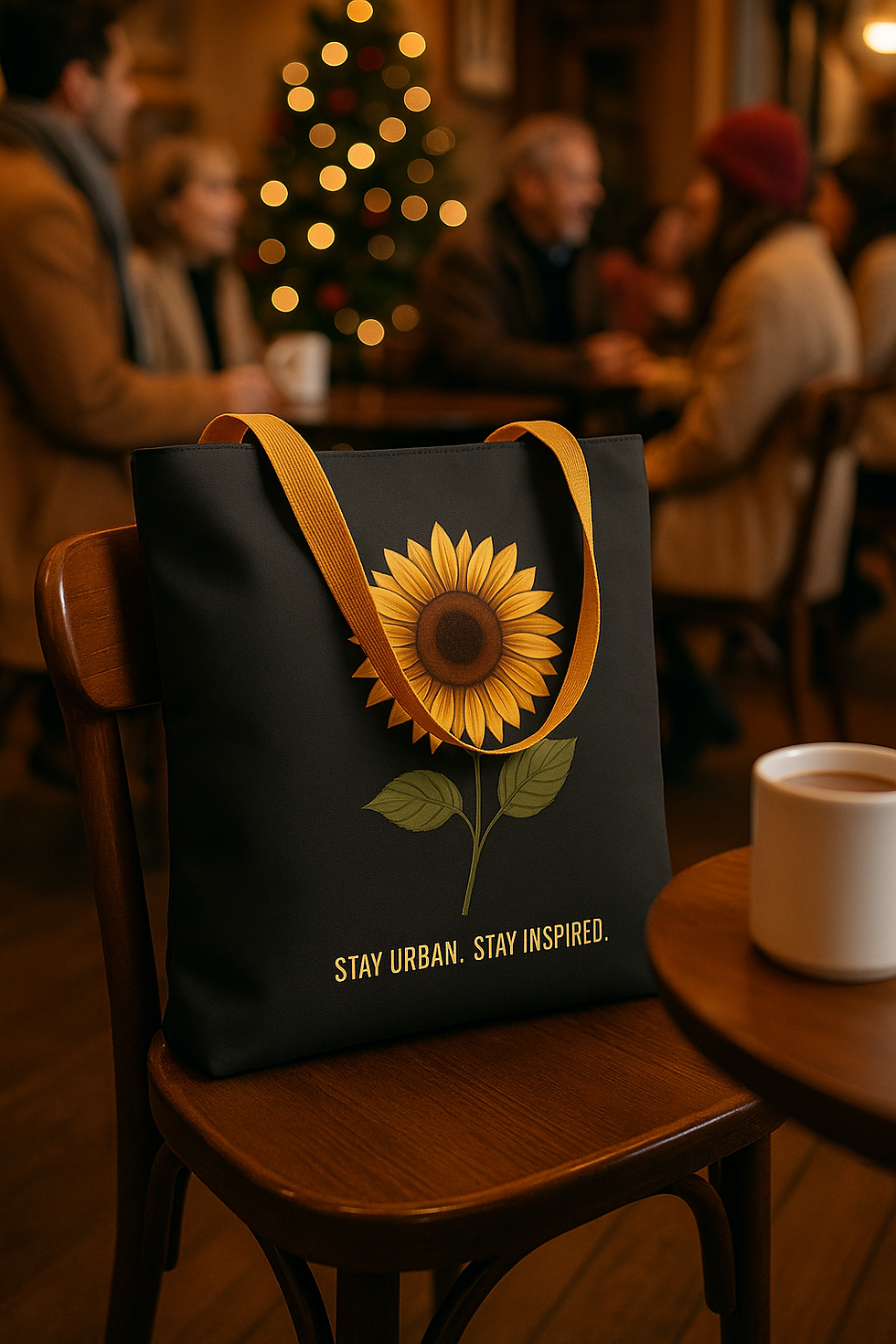 Charcoal tote bag featuring a modern sunflower illustration and the tagline “Stay Urban. Stay Inspired.”