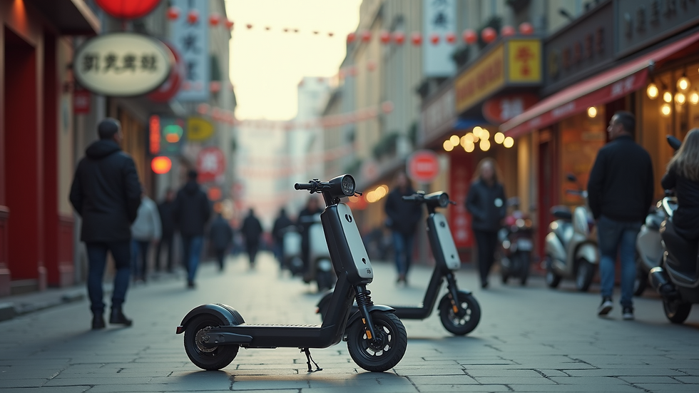 Wide angle view of a bustling city street with electric scooters and pedestrians
