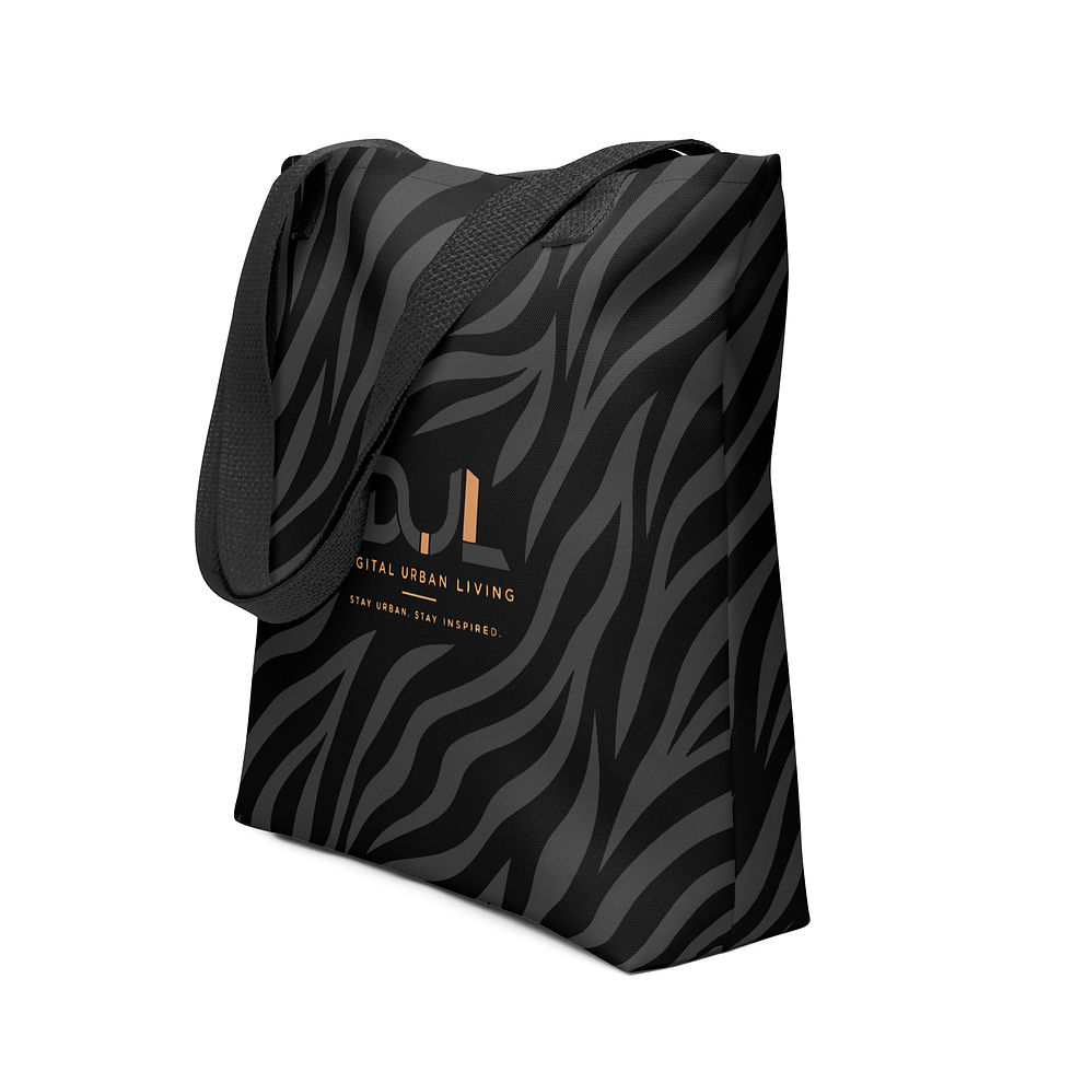 DUL Midnight Zebra Tote featuring a charcoal and black zebra print with subtle bronze DUL branding and black straps.