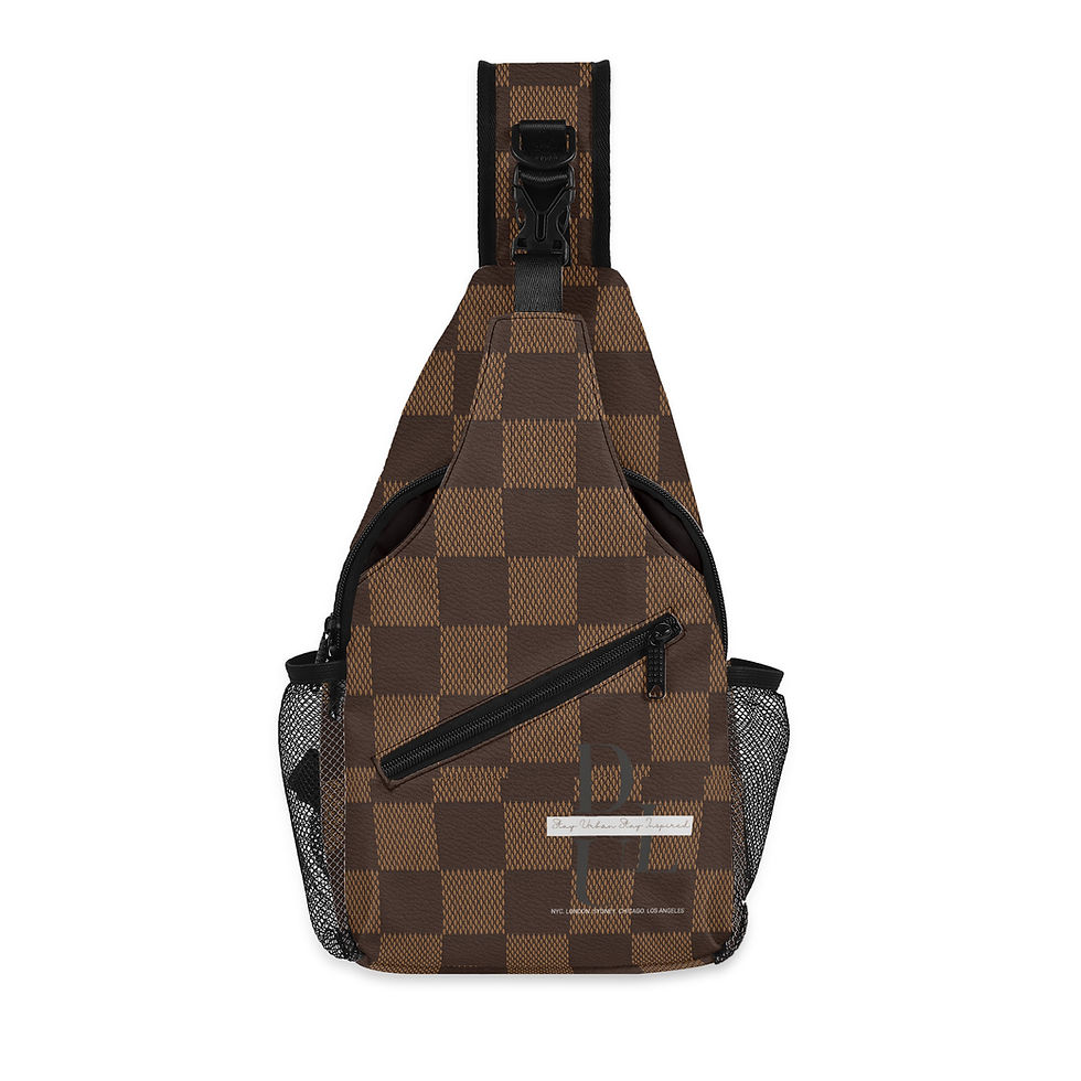 Stylish brown and light tan chest crossbody bag with classic luxury-inspired pattern and adjustable strap.