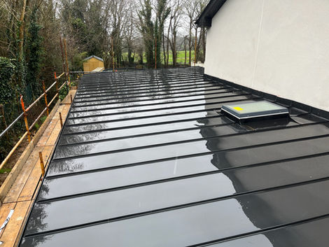 Rear view of zinc flat roof standing seam system