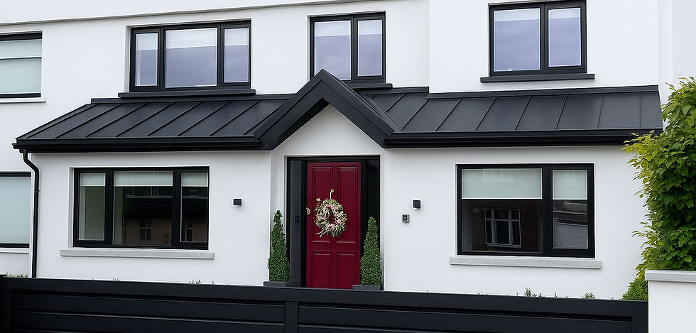 Contemporary zinc canopy over residential porch entrance with standing seam metal finish