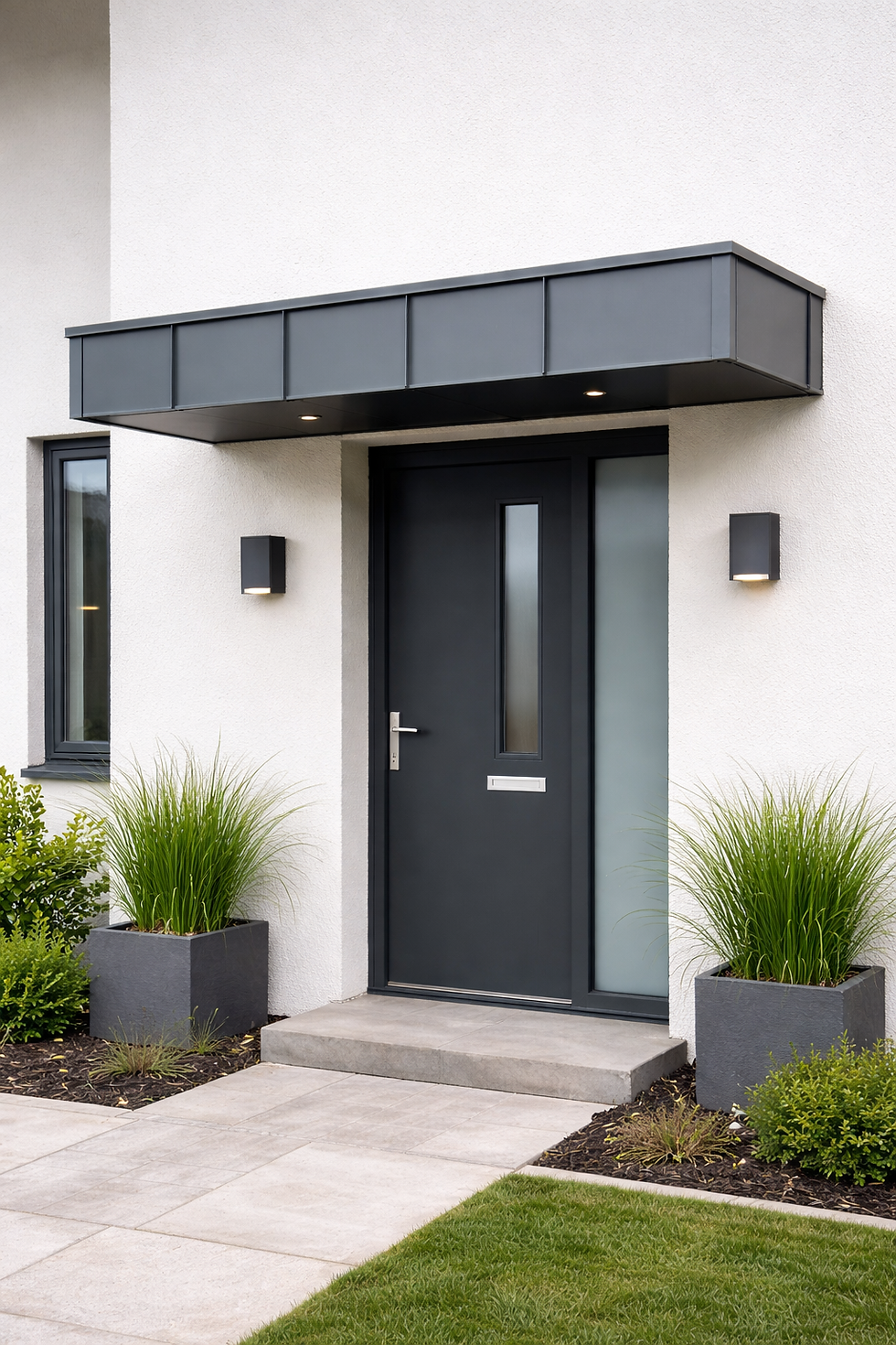 Standing seam aluminium box canopy over front door in Ireland