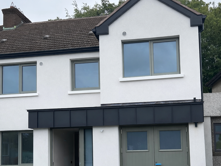 Aluminium standing seam cladding on entrance and garage in Rathfarnham Dublin
