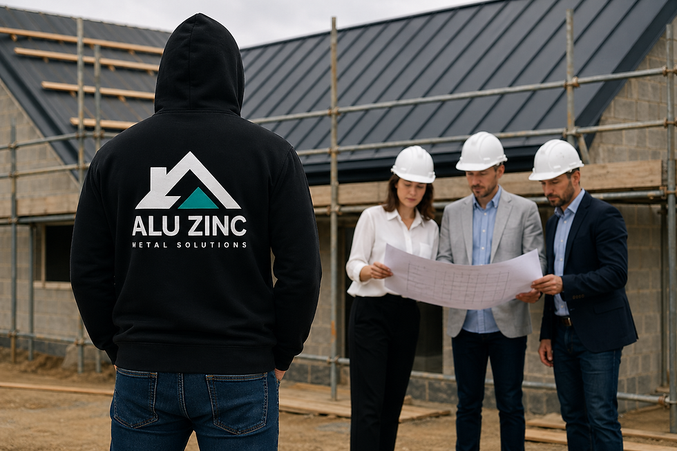 Alu Zinc Metal Roof SOlutions on standing seam roofing projct with architects viewing plans