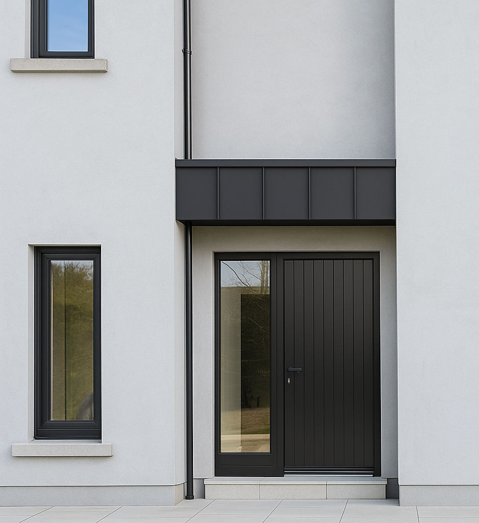 Close-up of Mazzonetto Vestis 3D textured black aluminium cladding on porch canopy, Navan County Meath