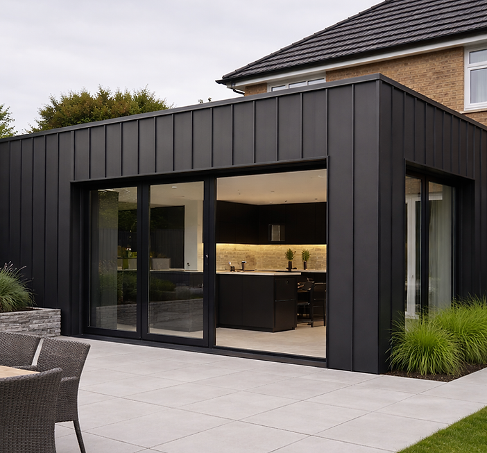 Standing seam zinc façade cladding on modern home extension in Ireland