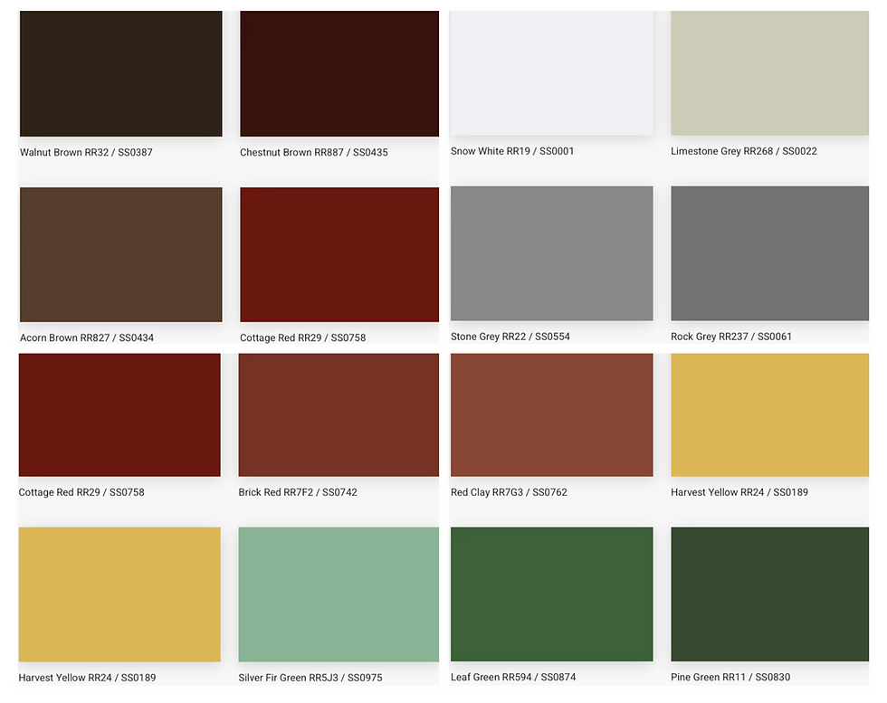 GreenCoat PLX colour chart showing black, anthracite grey, slate grey, silver metallic, dark green and red finishes for steel roofing and cladding in Ireland