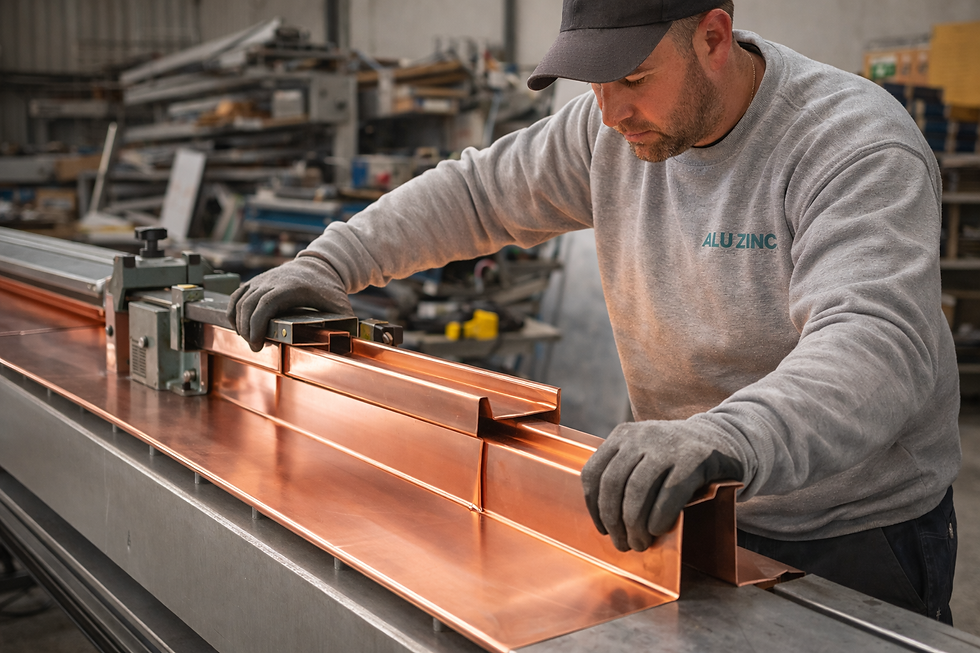 Alu Zinc worker profiling copper ready for a standing seam porch canopy 