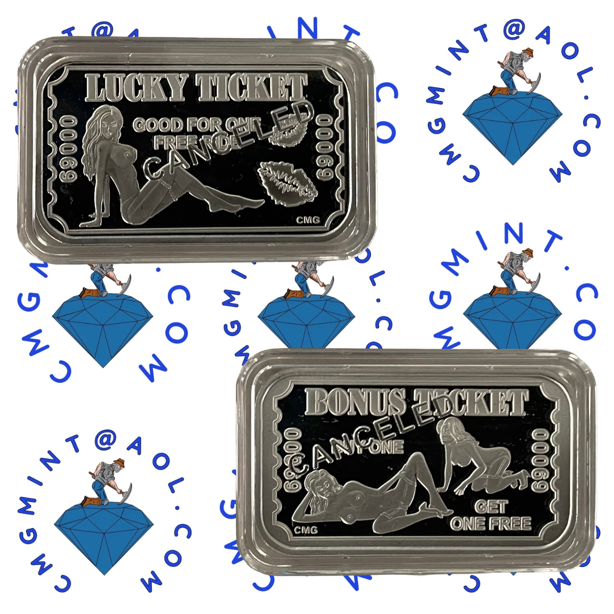 2pc Lucky Ticket/Bonus Ticket silver art bar set
