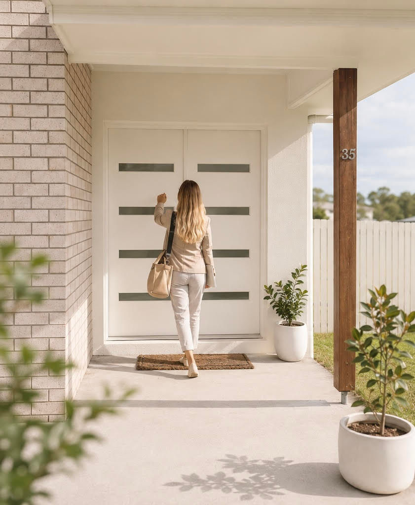 Kate, mobile occupational therapist arriving at a client's home for a therapy session. Knocking on the door.