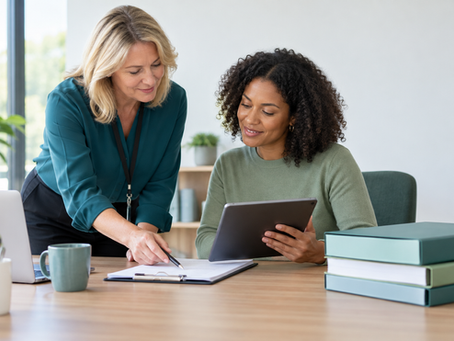 Care professionals reviewing care service documents together