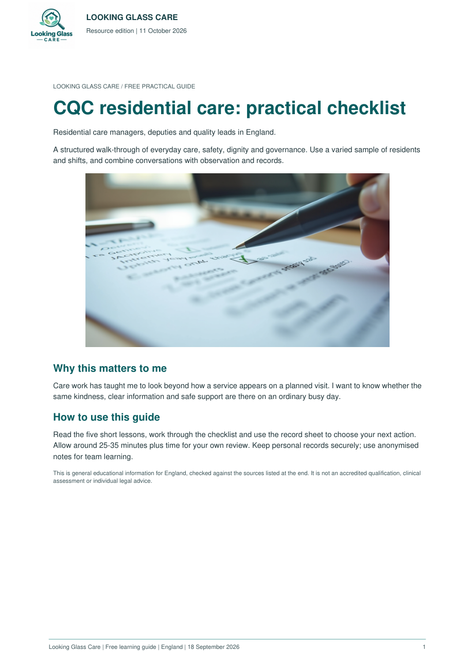 CQC residential care: practical checklist — actual document preview, page 1