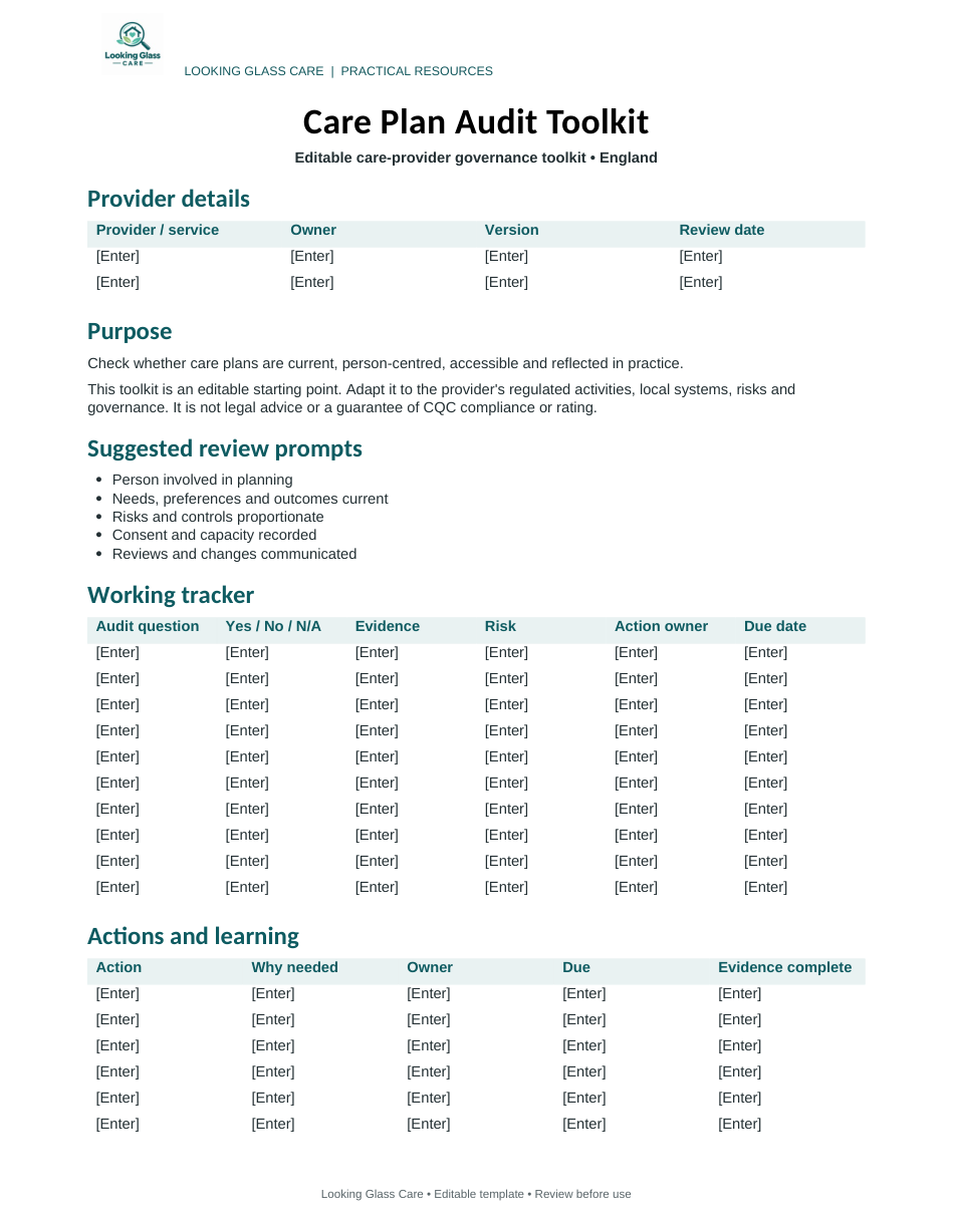 Care Plan Audit Toolkit — actual document preview, page 1