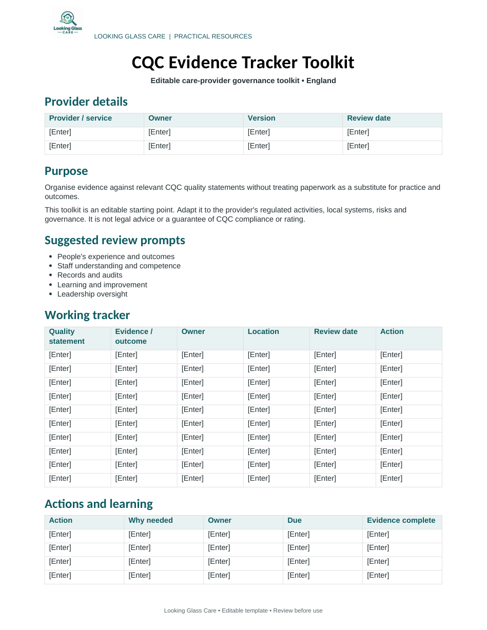 CQC Evidence Tracker Toolkit — actual document preview, page 1