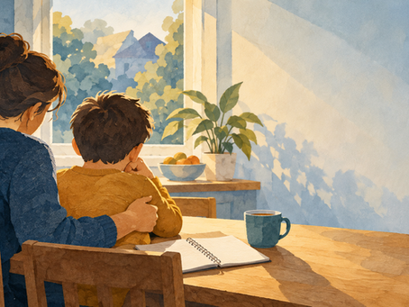 Illustration of a parent and child together at a table after a difficult day