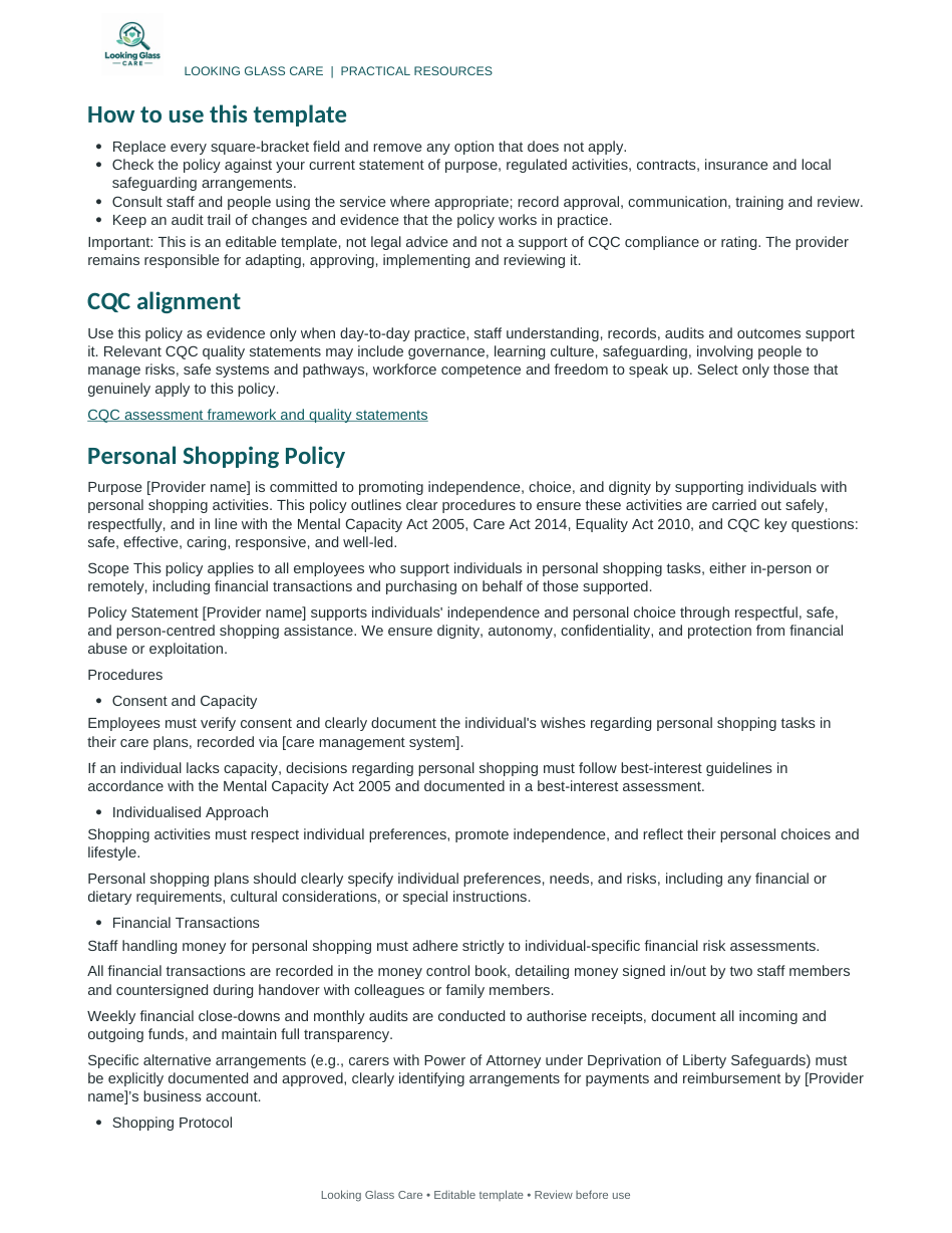 Personal Shopping Policy — actual document preview, page 2