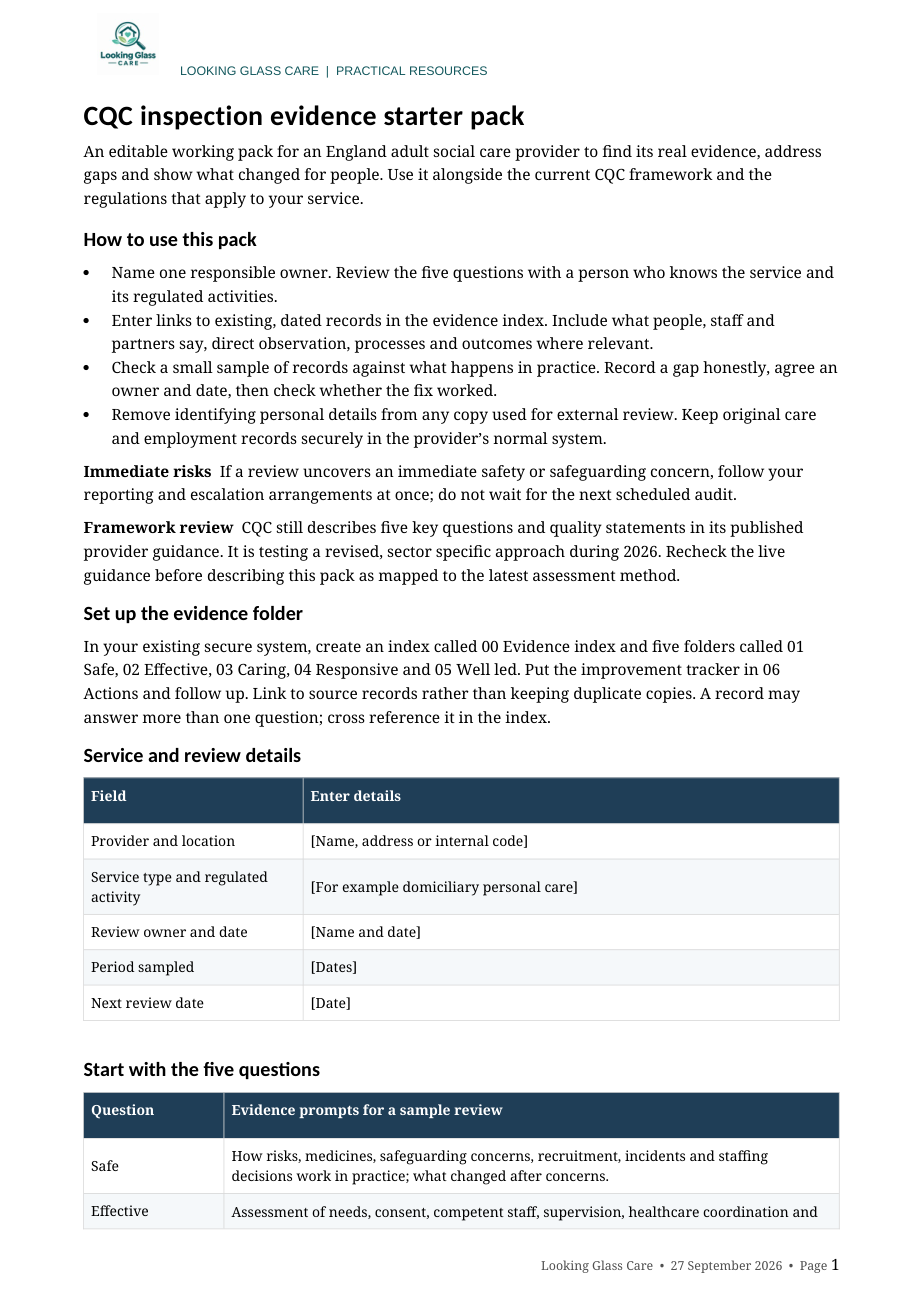 CQC Evidence to Action Starter Pack | Editable Word Download — actual document preview, page 1