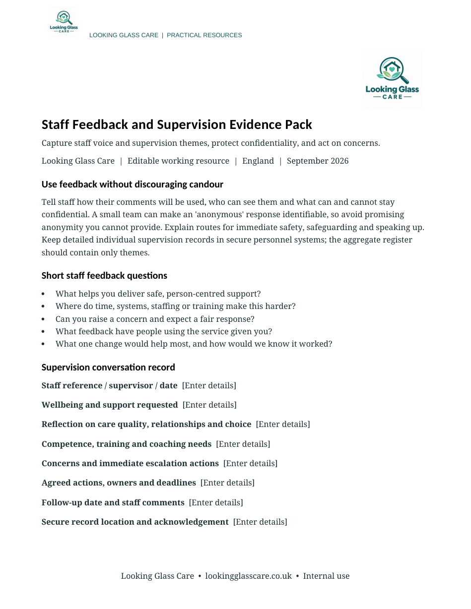 Staff Feedback and Supervision Evidence Pack | Word + PDF — actual document preview, page 1