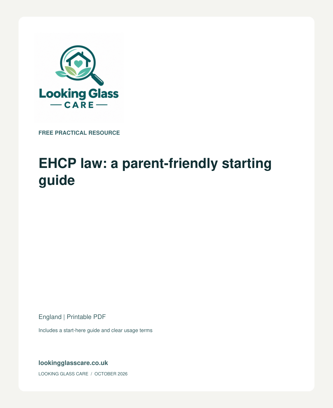 EHCP law: a parent-friendly starting guide — Looking Glass Care branded resource cover