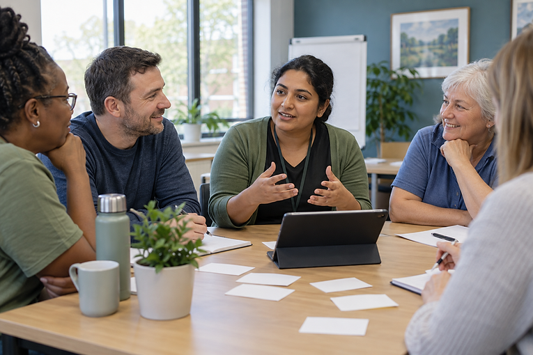 Adults discussing questions and reviewing information together