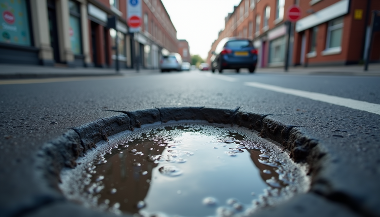 High angle view of a freshly patched pothole on a busy street in Carlisle