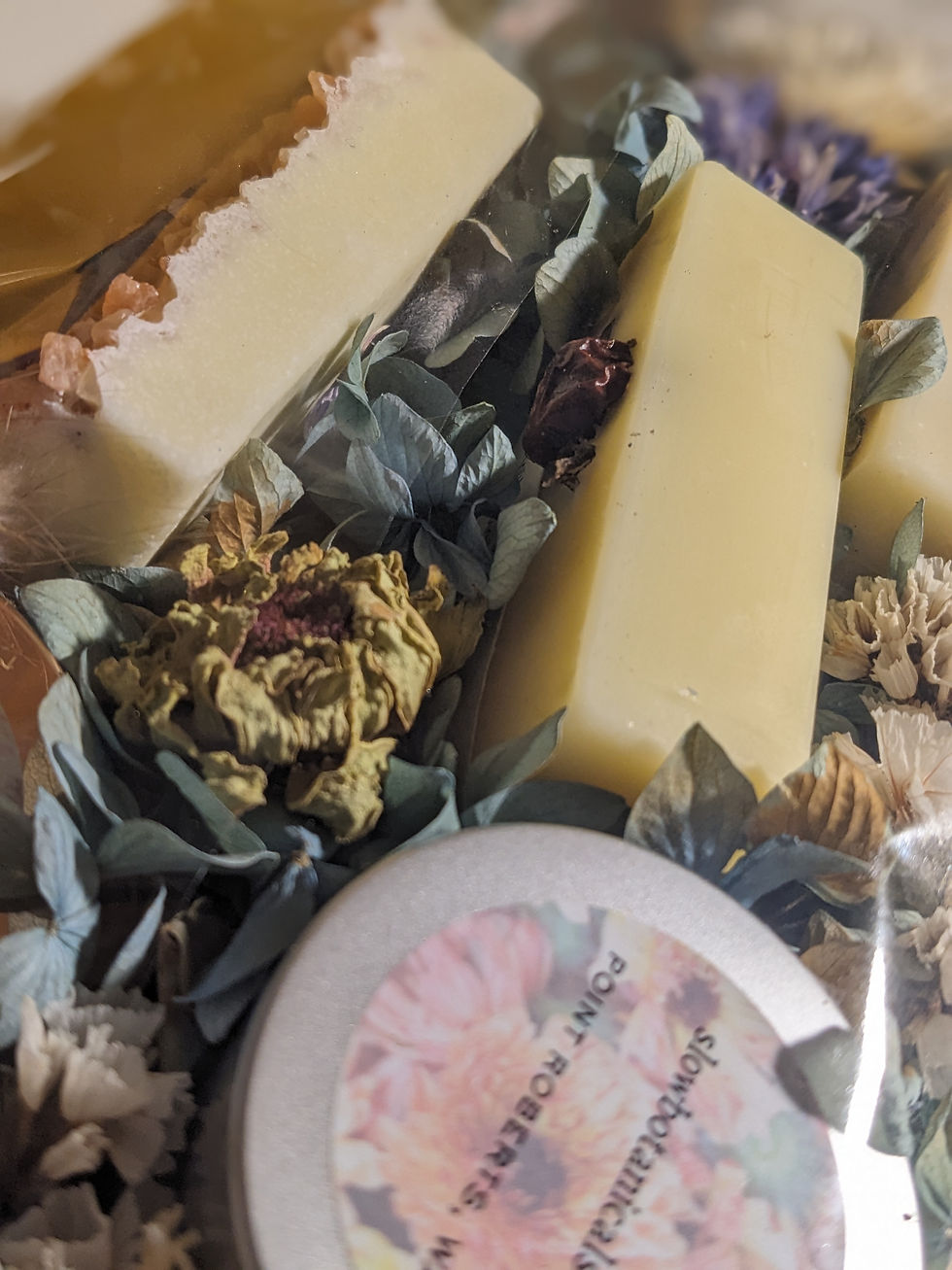 Thumbnail: Natural cottage core gift baskets with dried flowers and handcrafted shave soap, handmade soap and artisan skin cream