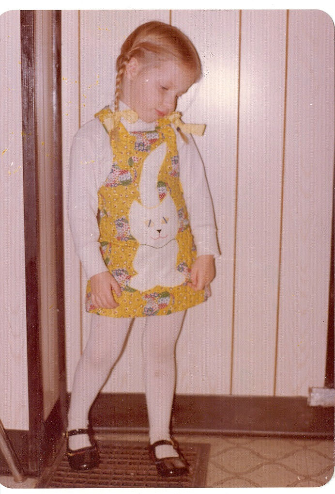 Little girl from 1970s in white stockings and black mary janes