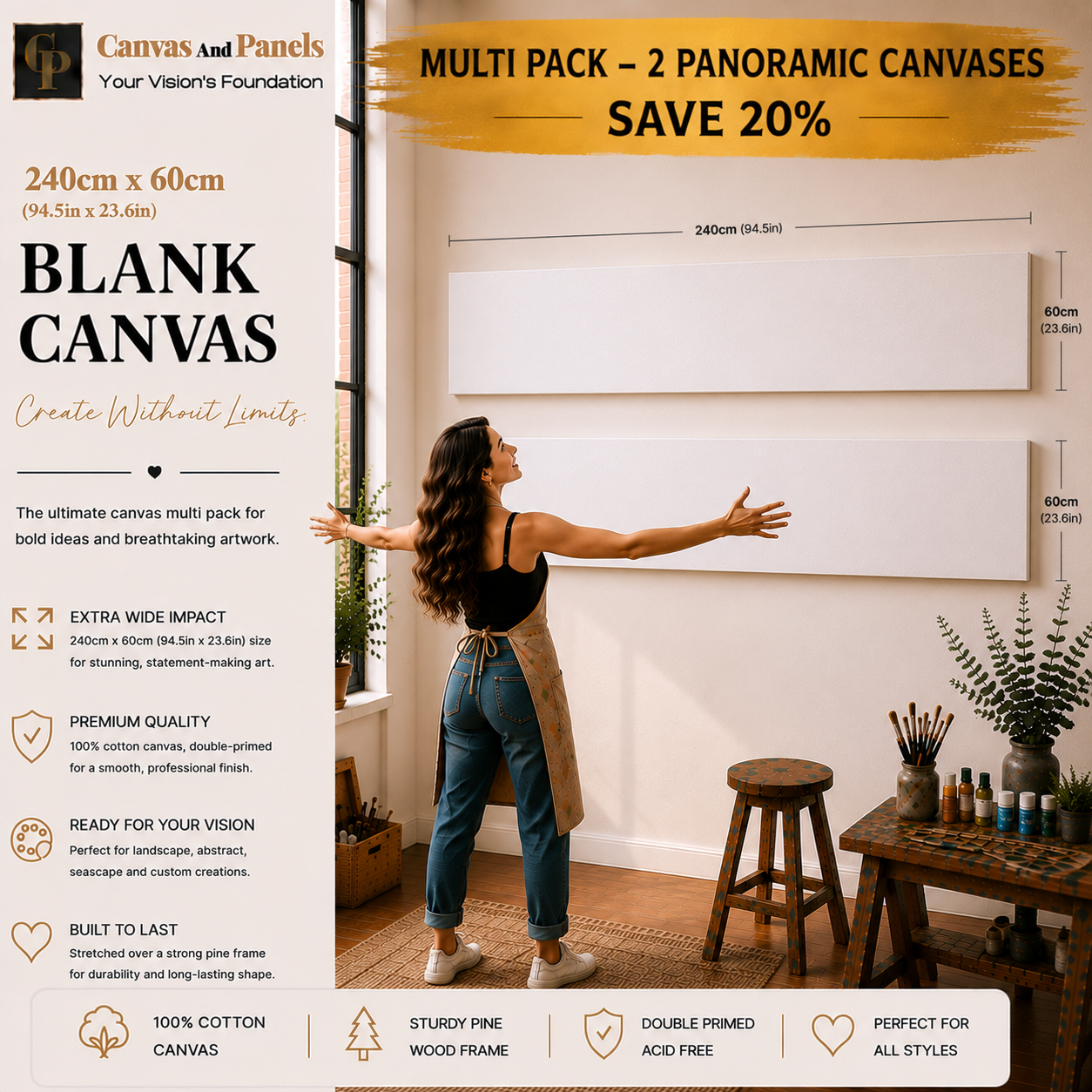 Handcrafted blank panoramic canvas multipack measuring 240cm x 60cm with a 38mm gallery frame