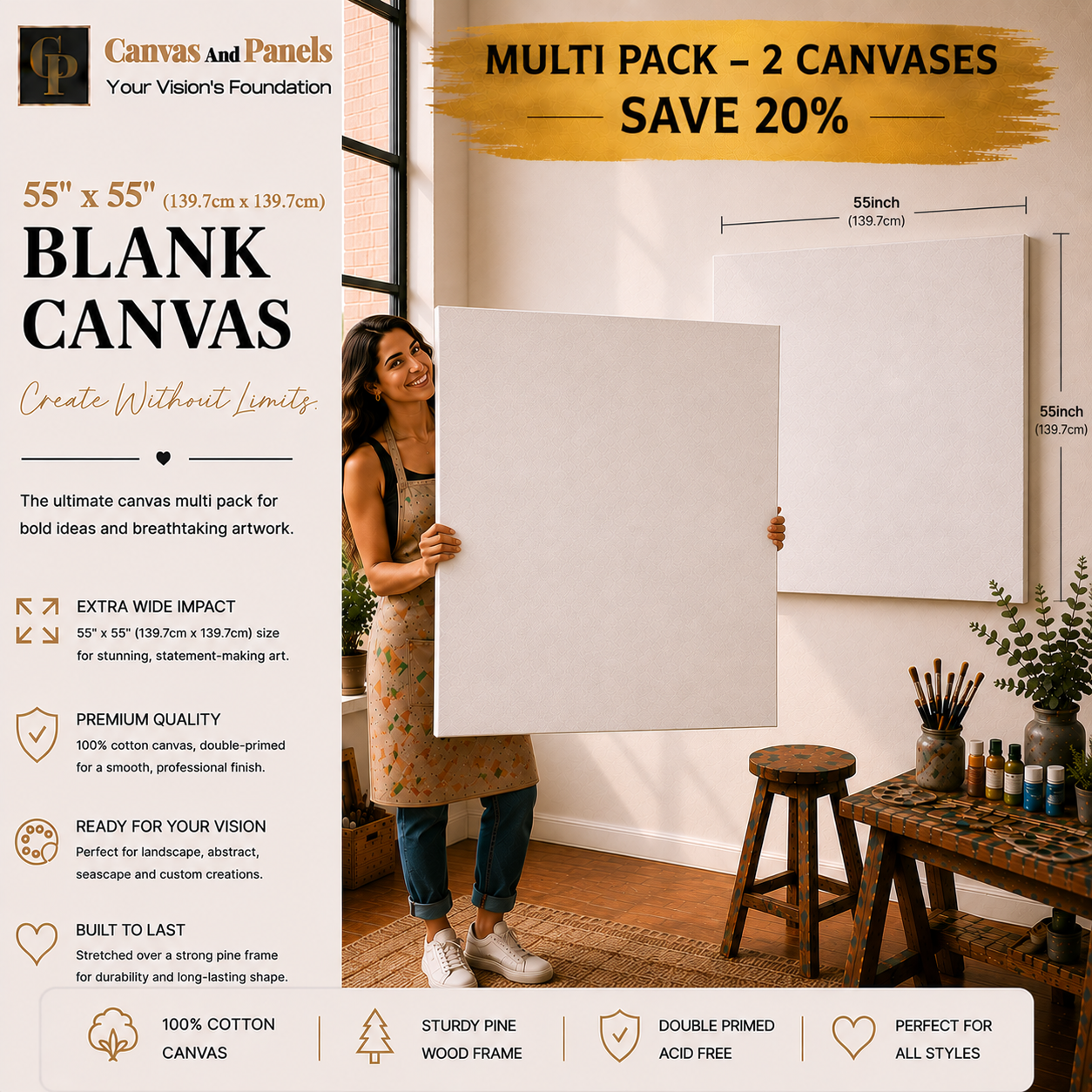 Handcrafted blank canvas multipack measuring 55inch x 55inch with a 38mm gallery frame.