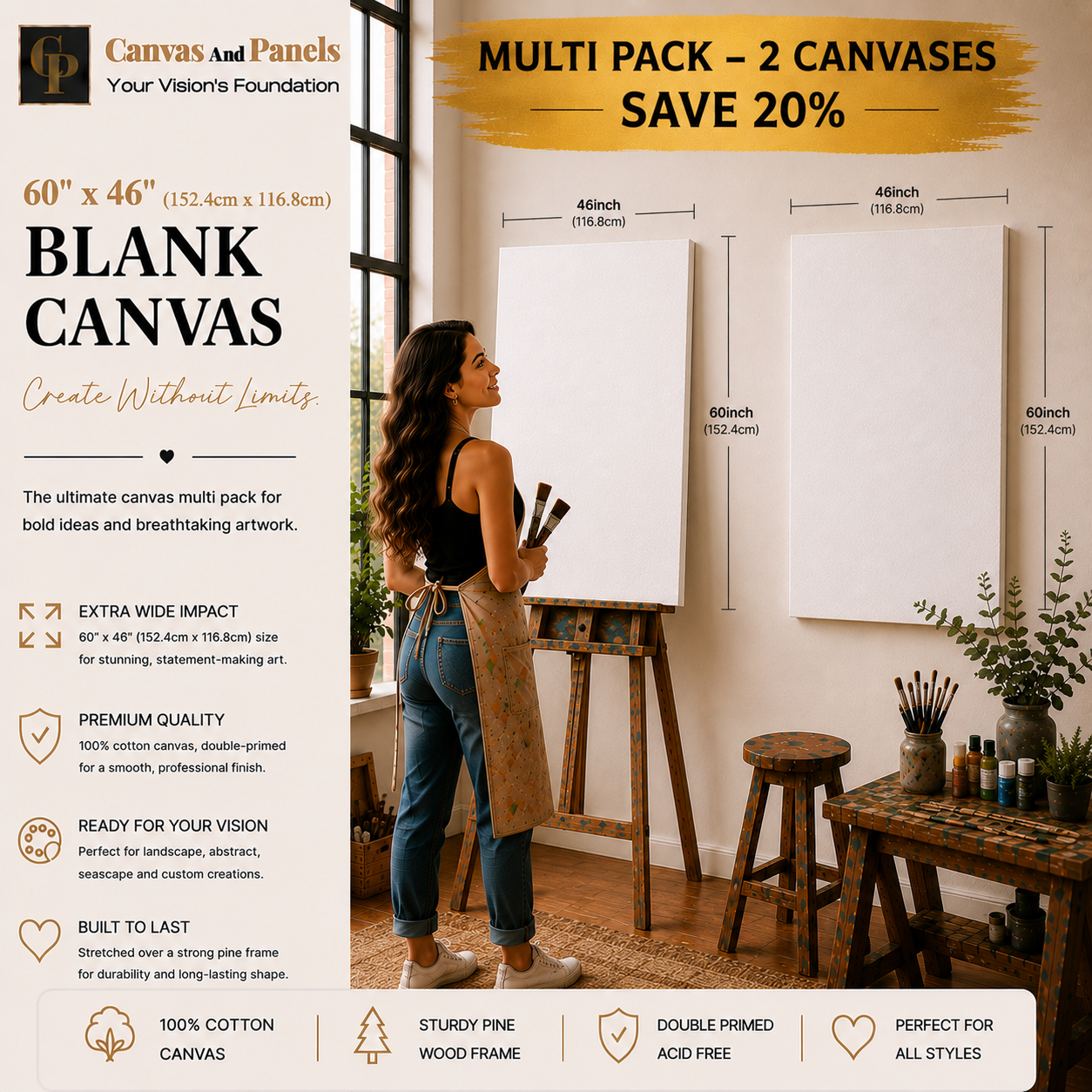 Handcrafted blank canvas multipack measuring 60inch x 46inch with a 38mm gallery frame.