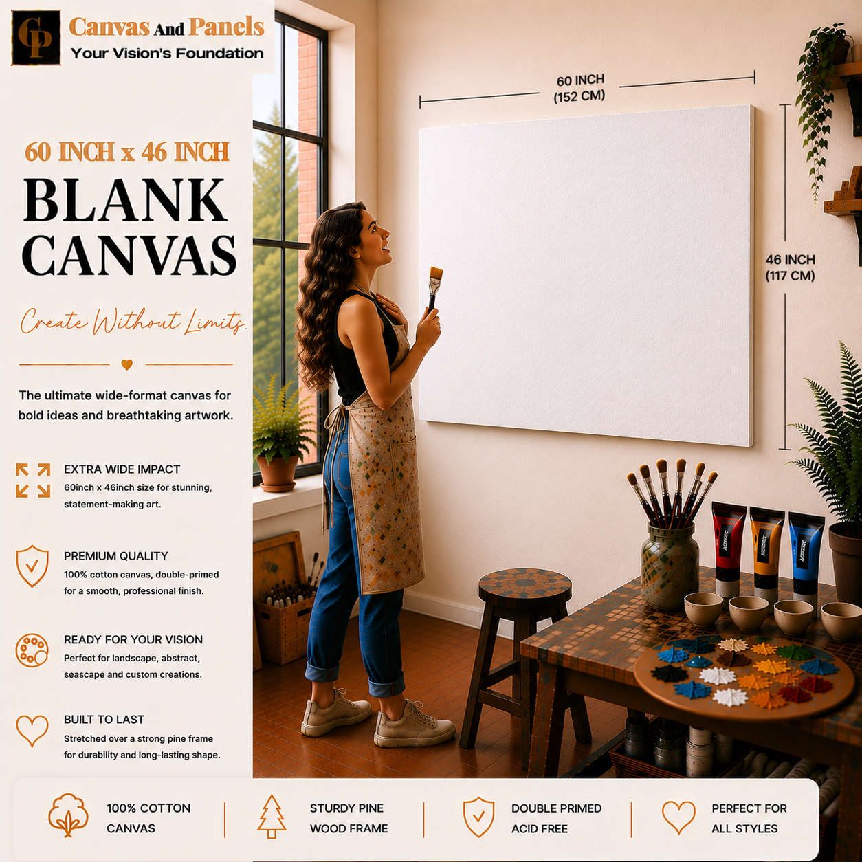 Handcrafted blank canvas measuring 60inch x 46inch with a 38mm gallery frame.
