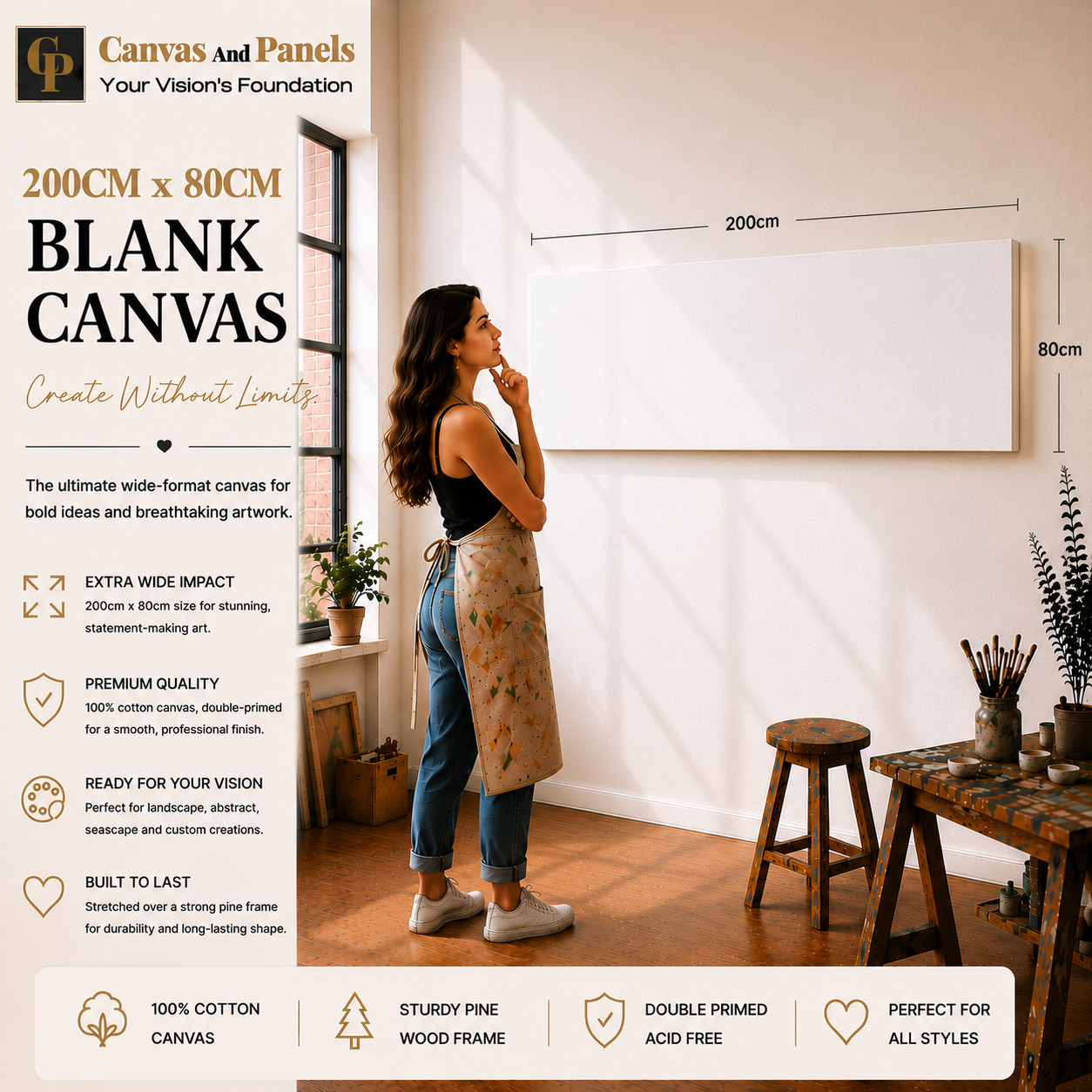 Handcrafted large blank canvas measuring 200cm x 80cm with a 38mm gallery frame.