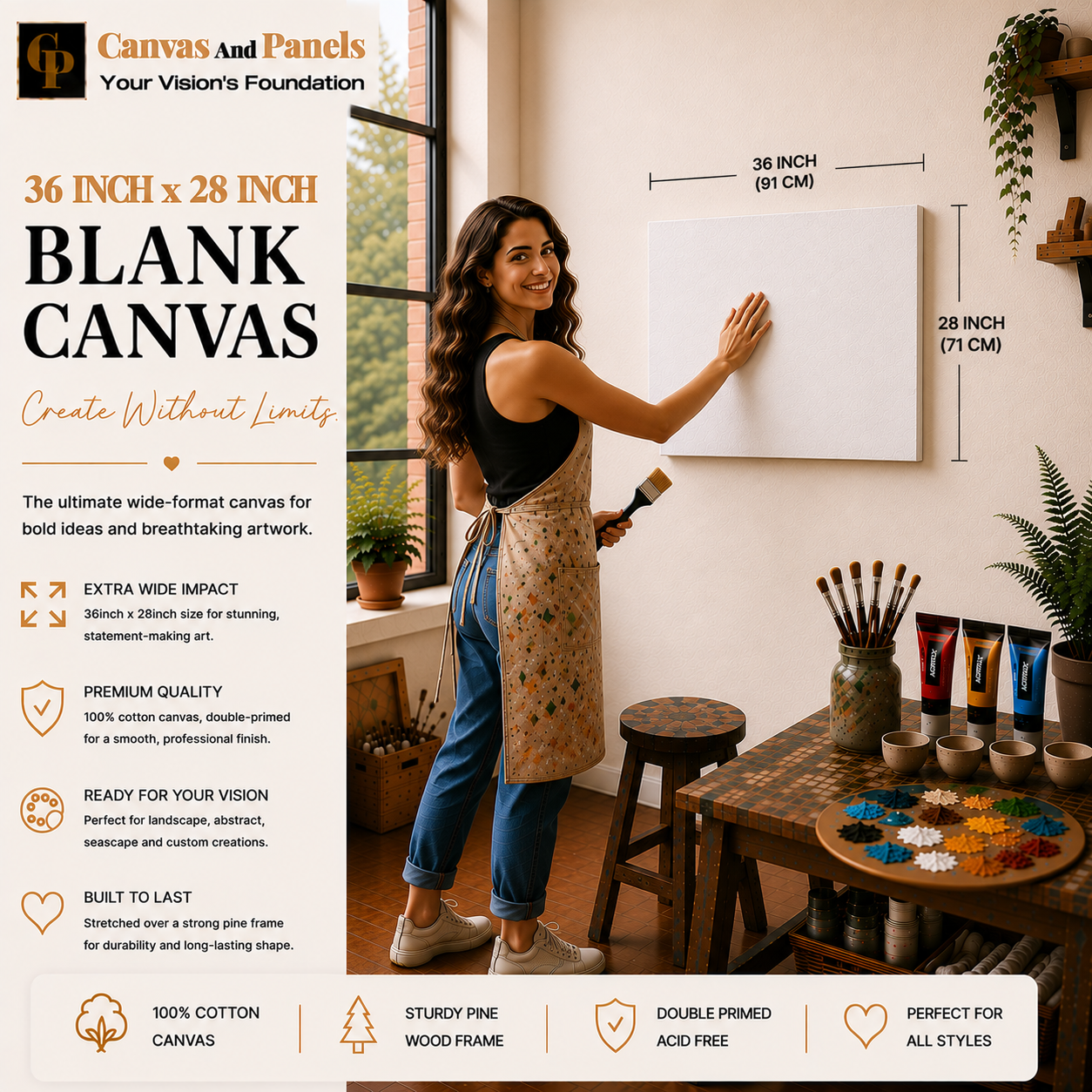 Handcrafted extra large blank canvas measuring 36inch x 28inch with a 38mm gallery frame.