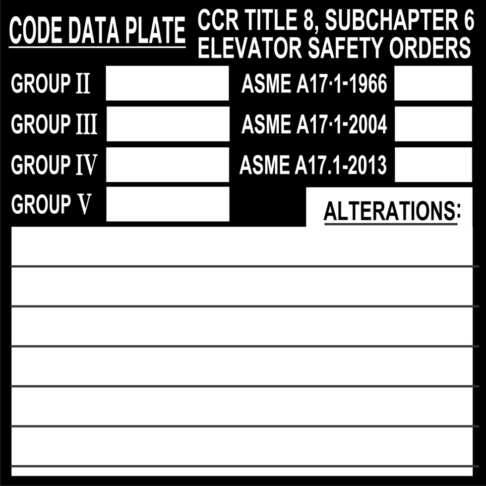 Code Data Plate Elevator Safety Orders #C-10
