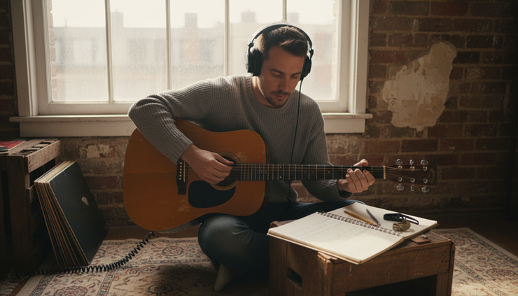 Wide-angle view of a musician tuning an acoustic guitar near a window.