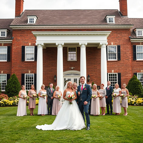create a country wedding scene with a happy blonde wedding party in front lawn of a huge r