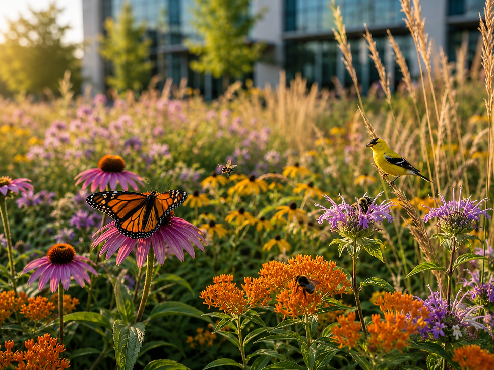 Native Ontario pollinator habitat supporting butterflies, bees, and songbirds at a commercial property.