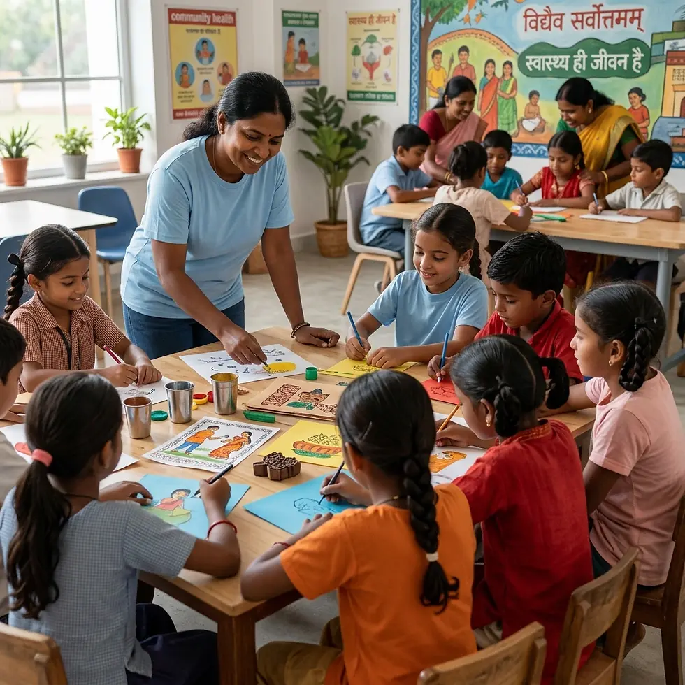 Classroom photography of a teacher guiding young students in an art activity. The scene is bright and cheerful, emphasizing education.