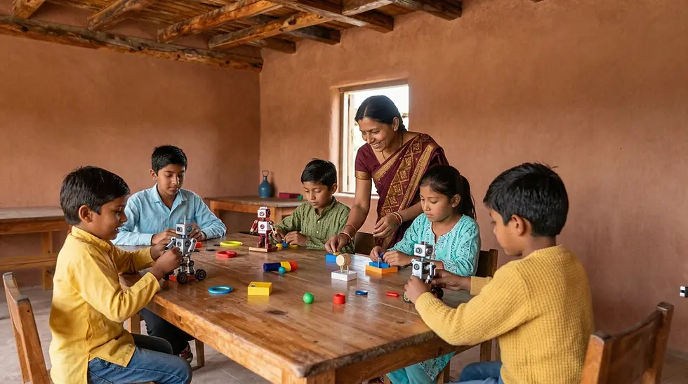 Digital photography of a teacher guiding children in a building activity at a rustic classroom table. Focused and collaborative learning happens in a warm environment.