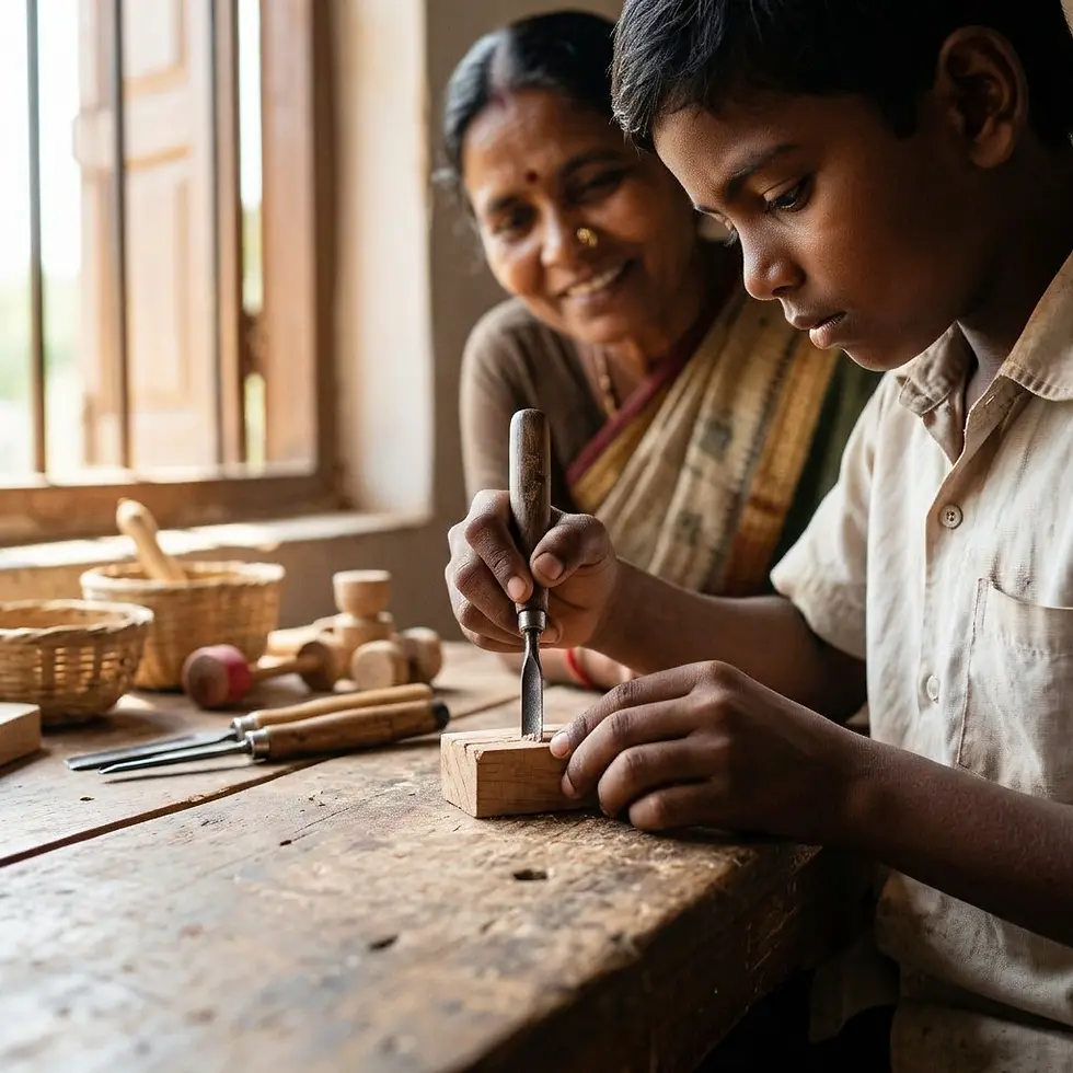 Documentary photography of a young boy carving wood with a chisel, guided by a smiling woman. The scene depicts a traditional craft lesson.