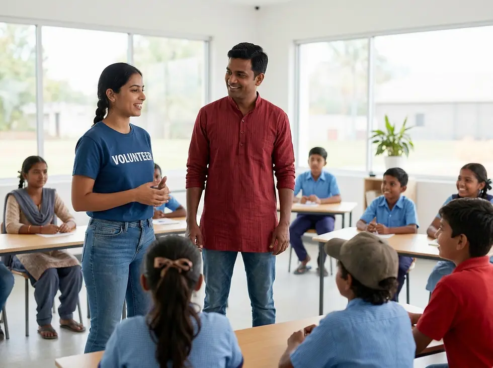 Photography of two volunteers interacting with students in a bright classroom. The scene conveys a positive and educational atmosphere.