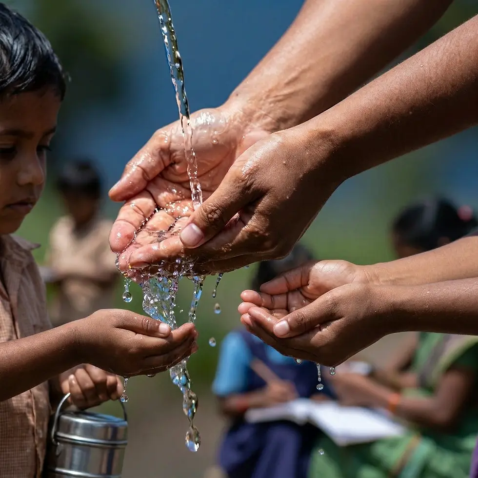 Outdoor photography capturing hands collecting fresh water, with a child receiving the stream into their cupped hands. The image conveys a sense of essential resource access.