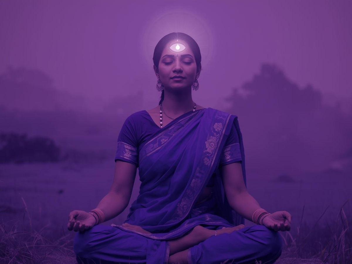 Realistic Indian woman in indigo saree meditating on third eye chakra with glowing Ajna energy in a serene natural background