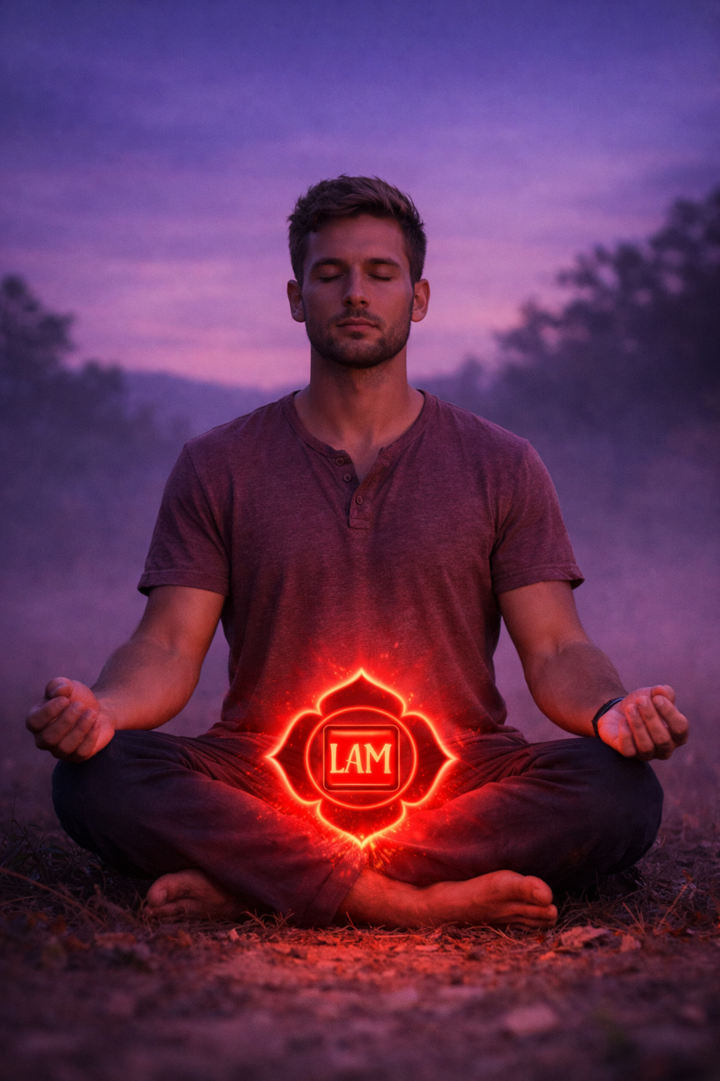 A person meditates at sunset, focusing on the glowing root chakra symbol, representing grounding and stability.