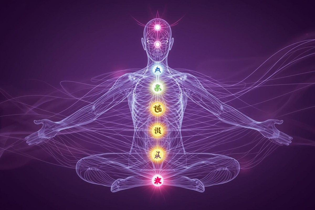 Abstract Energy Map__Artistic anatomical outline with 7 glowing chakra points.__Deep plum-to-lavender gradient background.__Fine light threads connecting each chakra. (1).jpg