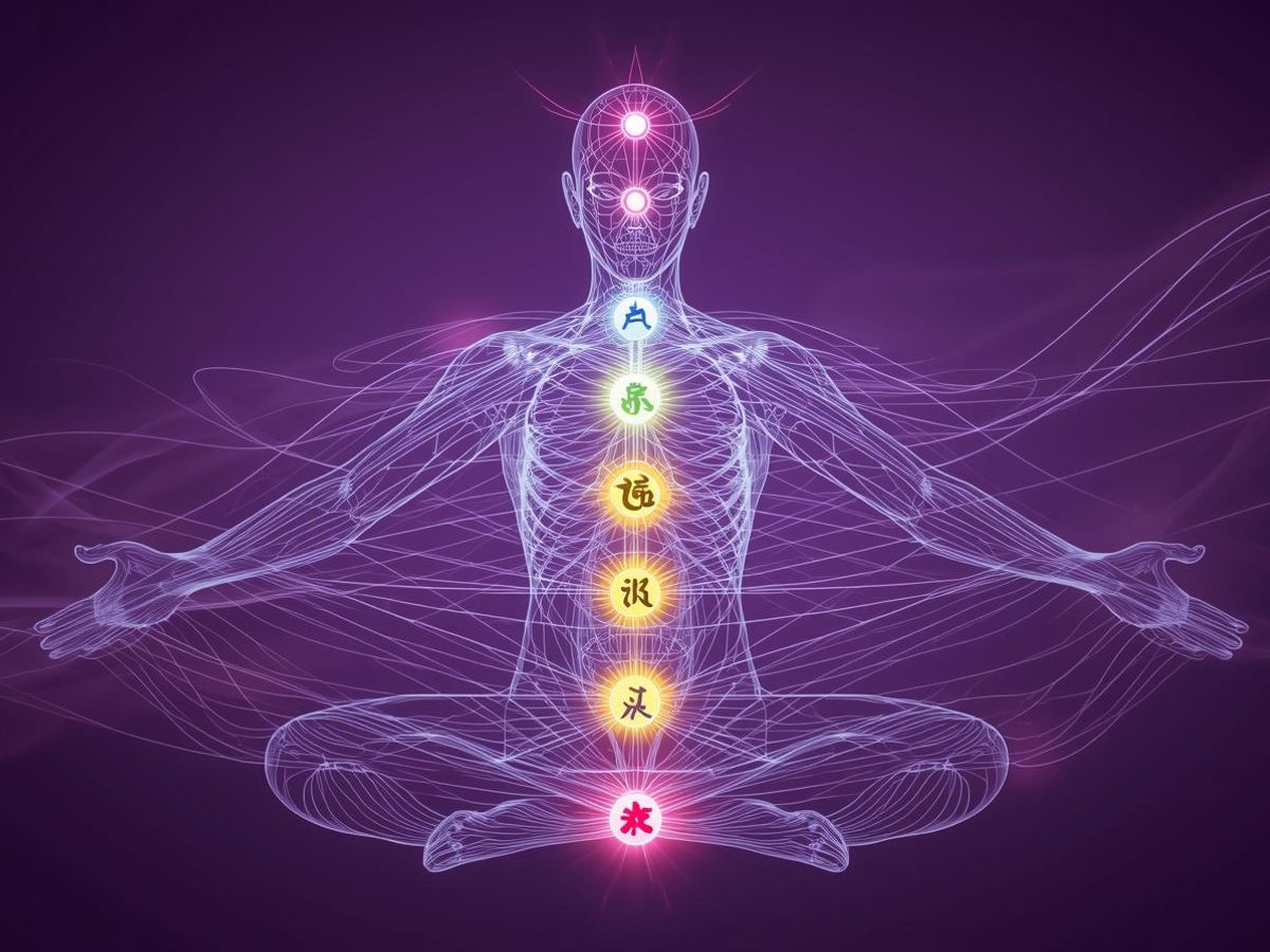 Abstract Energy Map__Artistic anatomical outline with 7 glowing chakra points.__Deep plum-to-lavender gradient background.__Fine light threads connecting each chakra. (1).jpg